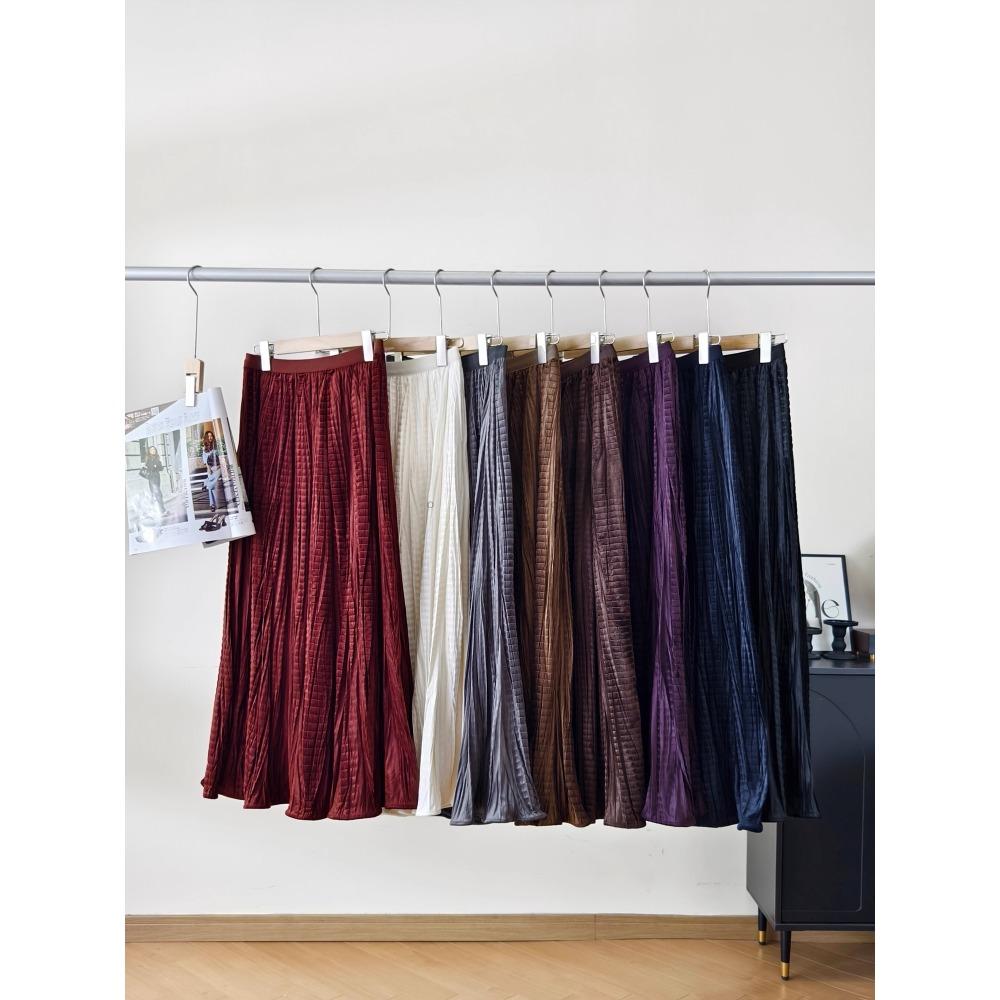 DIMANAF 2025 Autumn New Women Skirts Solid Plaid Loose Elastic Waist Pleated Elegant Long Skirts Red