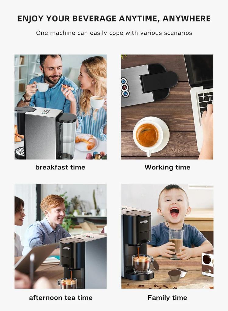 Home 5-in-1 Multifunctional Capsule Espresso Machine, Compatible with Dolce Gusto, Nespresso, ESE Capsules, and Coffee Powder, Stainless Steel