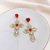 Vintage Red Heart Crystal Earrings For Women Cross Pendant Rhinestone Dangle Earring Jewelry Party Anniversary Gift Pendientes