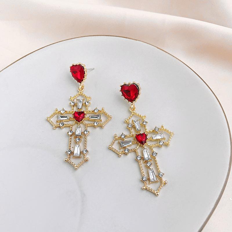 Vintage Red Heart Crystal Earrings For Women Cross Pendant Rhinestone Dangle Earring Jewelry Party Anniversary Gift Pendientes