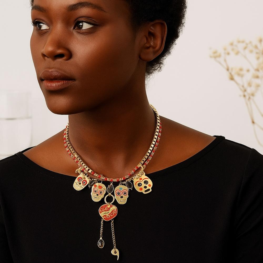 Personality Metal Skull Pendant Necklace Jewelry Set Vintage Earring Collarbone Chain  Halloween