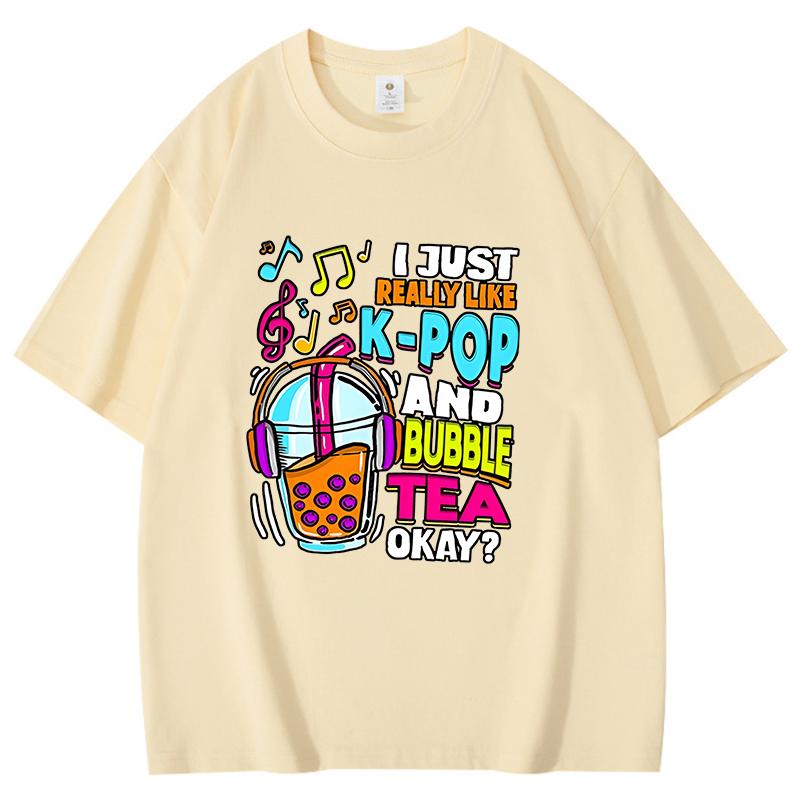 Pearl Milk Tea With Headphones On Print Cotton T Shirt Women Unisex I Like Kpop And Milk Tea Letter Print Pattern Hiphop Shirts