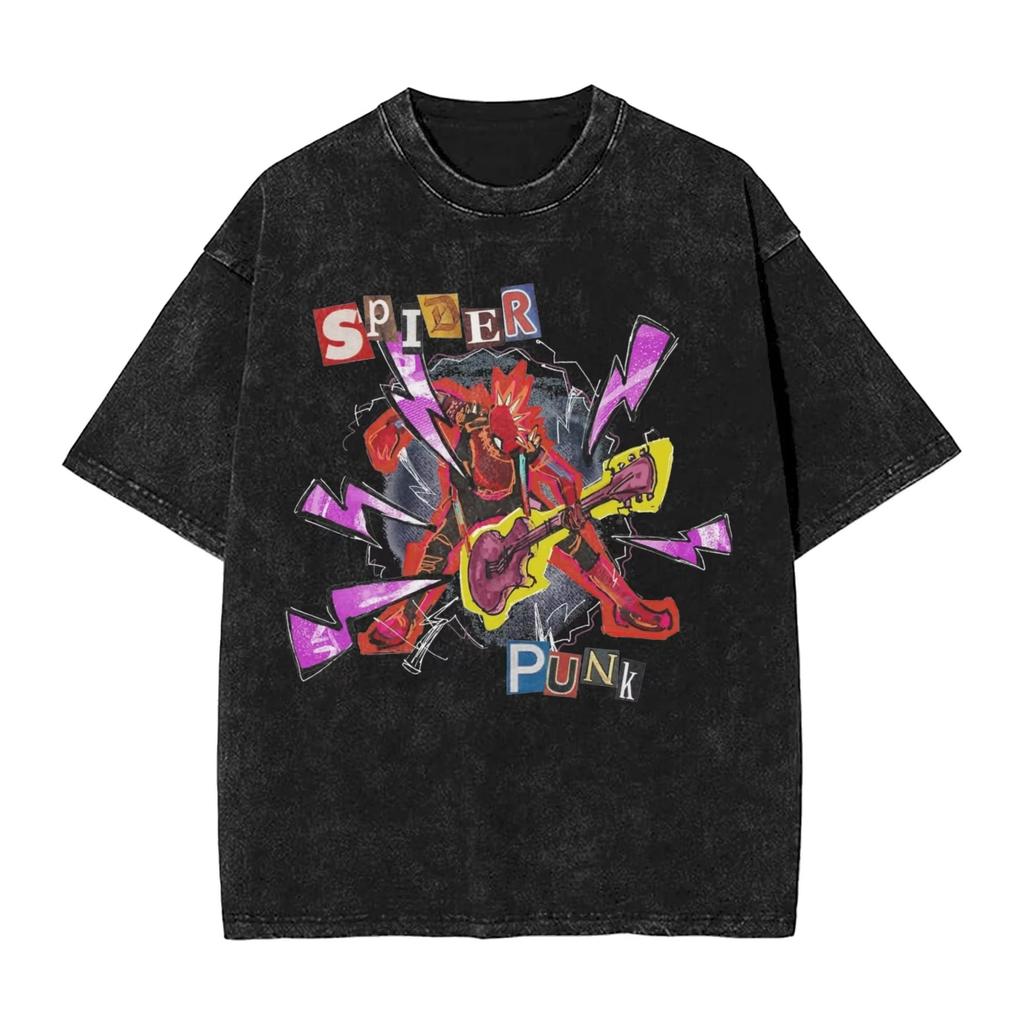 Hot-blooded Anime Spider Punk Spiderman Cartoon Graphic Print T-Shirt Men Women Vintage Washed Cotton Summer New Tee Harajuku Fashion Oversized Top