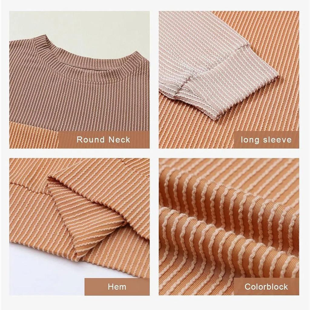 Womens Fashion Color Block Long Sleeve Crewneck Knitted Casual Loose Pullover Shirts Tops Sweatshirt T-Shirt