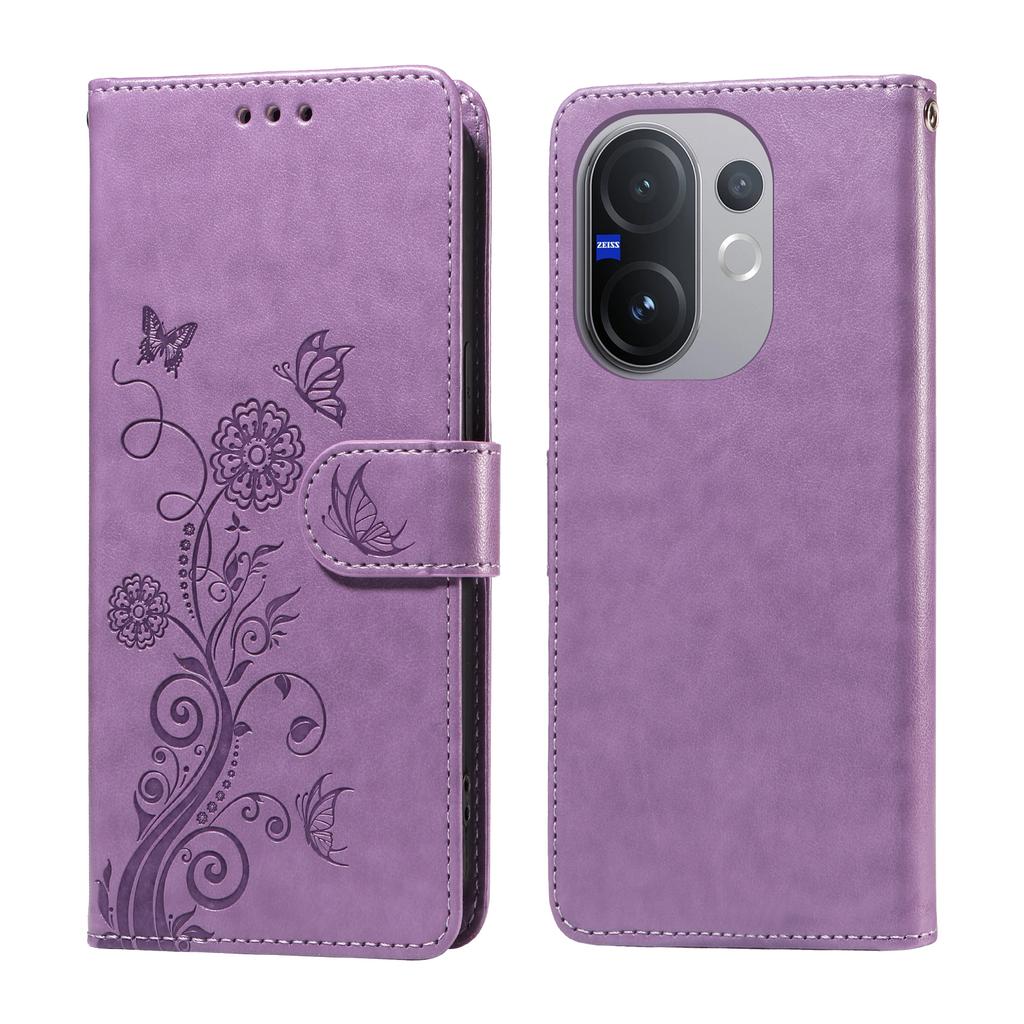 For Vivo V60 5G Leather Case Butterfly Floral Imprint Wallet Stand Cover