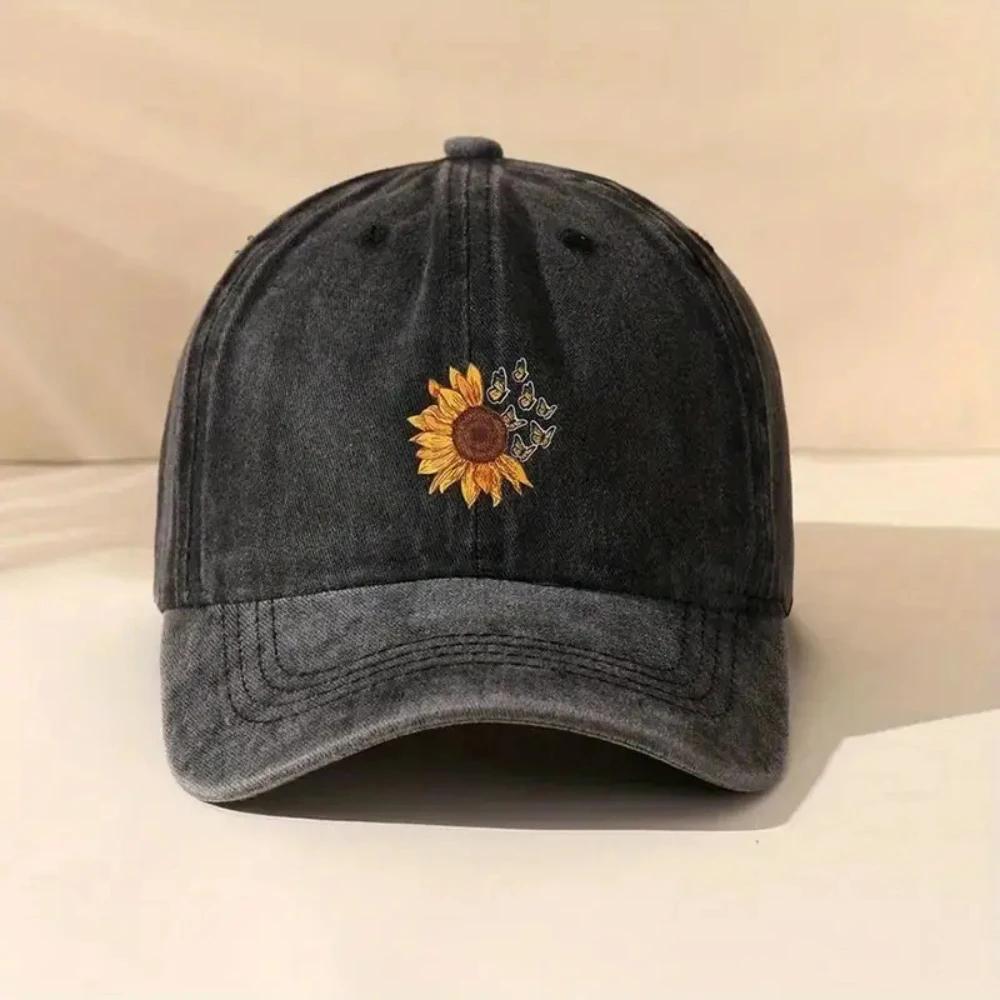 Cross-Border Flower Hat Washing Printing Sunshade Outdoor Cap Duck Tongue Cap Men Women's Solid Color Sunflower Denim Cap