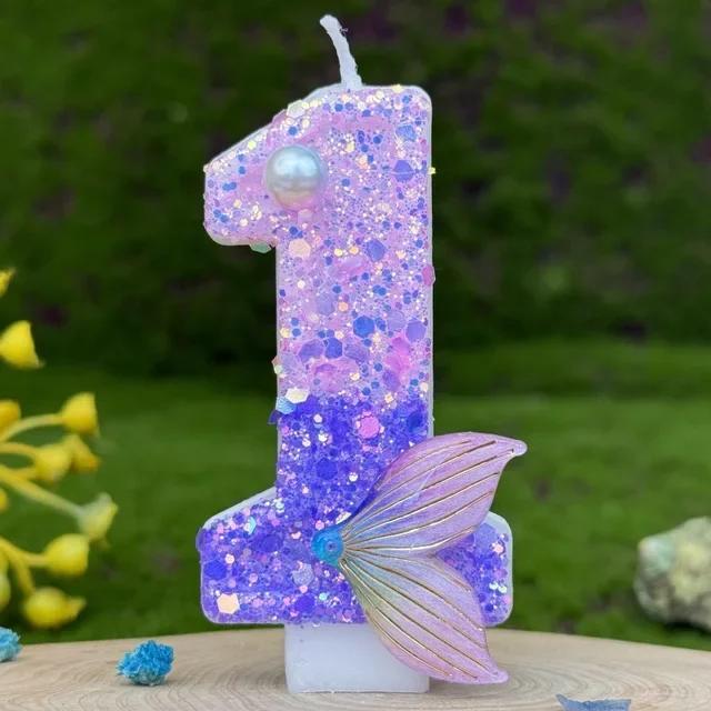 1pc Purple Mermaid Tail Glitter 0-9 Number Candle Decoration Anniversaire Birthday Party Candle Cake Decoration Toos for Girls