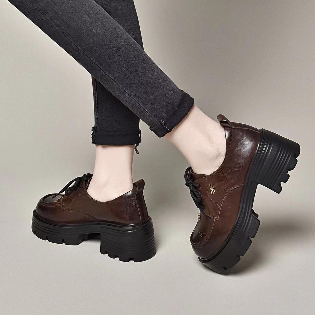 Platformové boty dámské jarní nové akademický styl šněrovací silný podpatek muffin a malé kožené boty niche osobnost