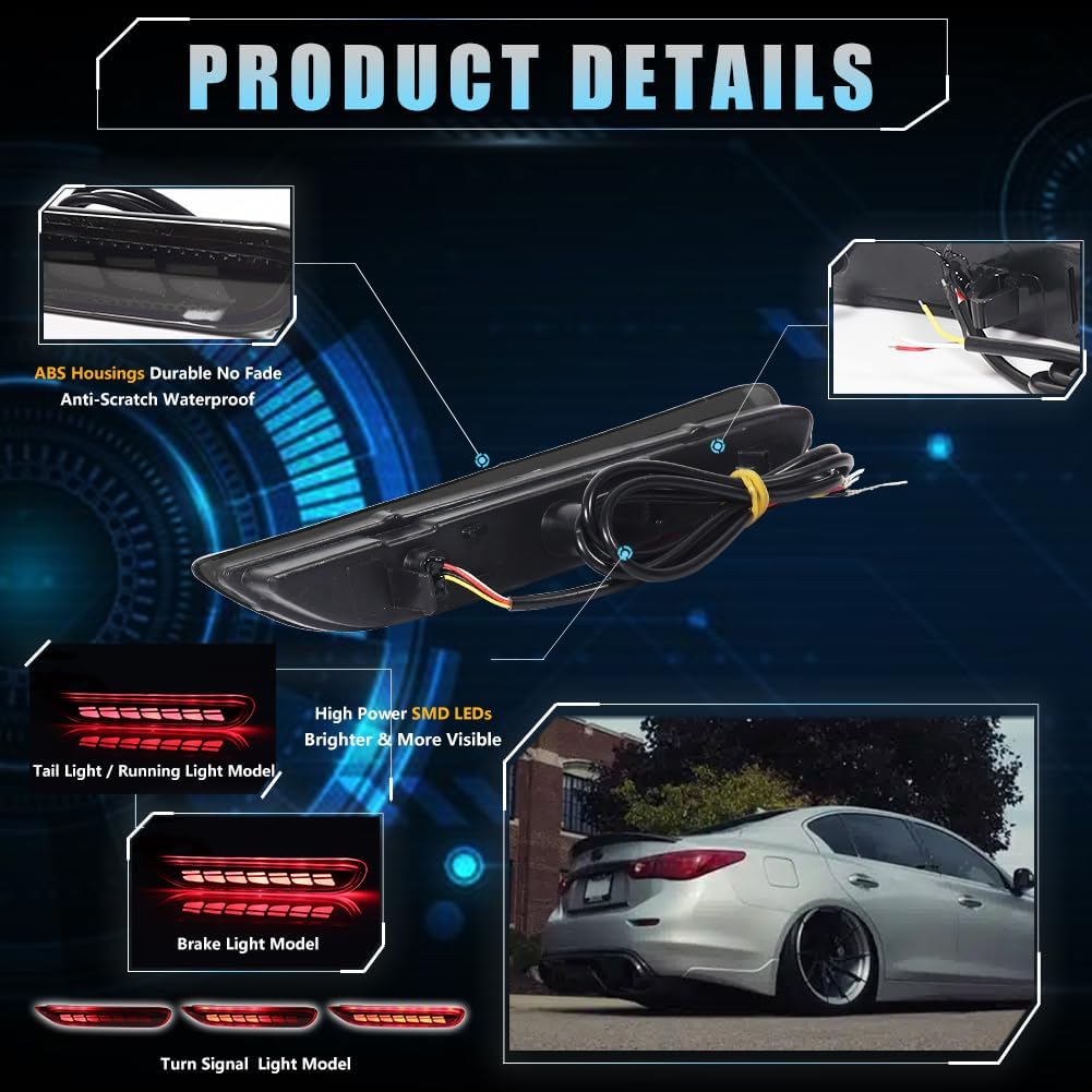 2pcs LED Rear Bumper Reflector Lights Sequential Turn Signal Brake Light for Infiniti Q50 QX56 QX60 Nissan Pathfinder Rogue, 3-in-1 with Smoked Lens
