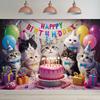 2D "Happy Birthday" Cats Themed Backdrop with Party Hats & Balloons