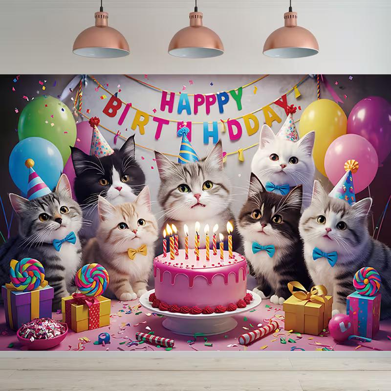 2D "Happy Birthday" Cats Themed Backdrop with Party Hats & Balloons