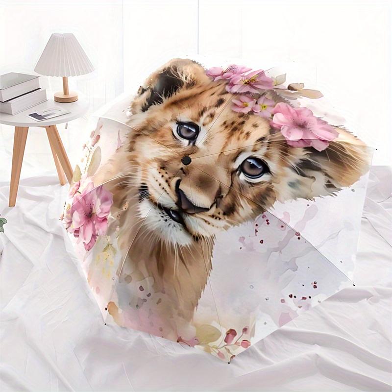 1pc Little Lion & Flowers Durable Cartoon Folding Umbrella, Portable 3-Fold Compact Umbrella for Men and Women, Suitable for Travel or Daily