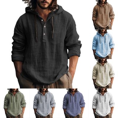 Men's Summer Solid Color Pocket Cotton Linen Long Sleeve Button Hooded