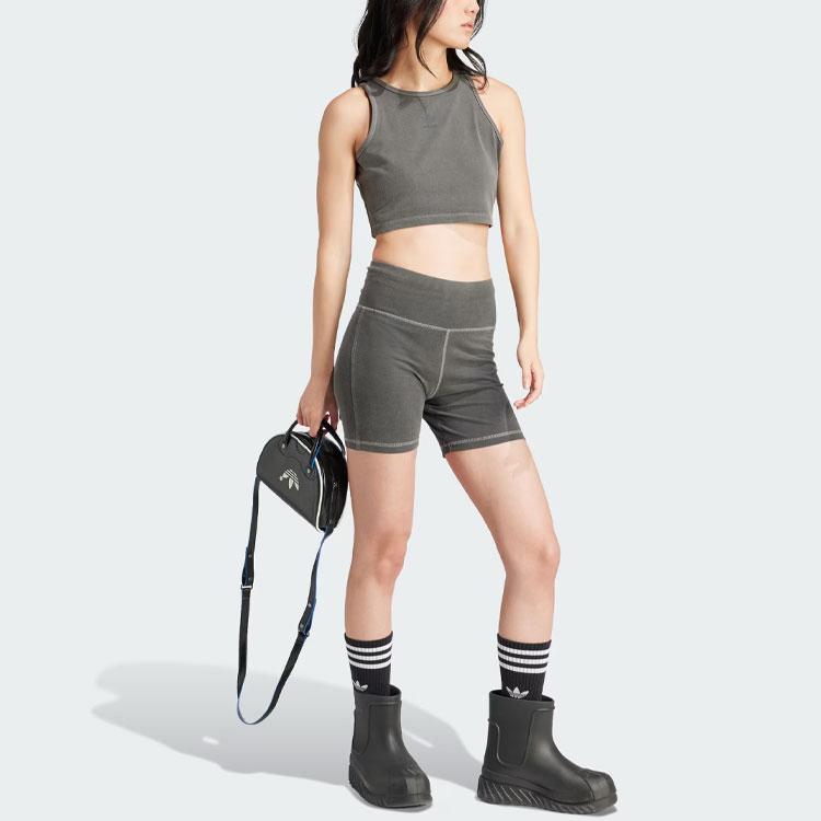 Adidas Originals Essential Solid Logo Round Neck Crop Tank Top Women Tops Black Gray IU2709