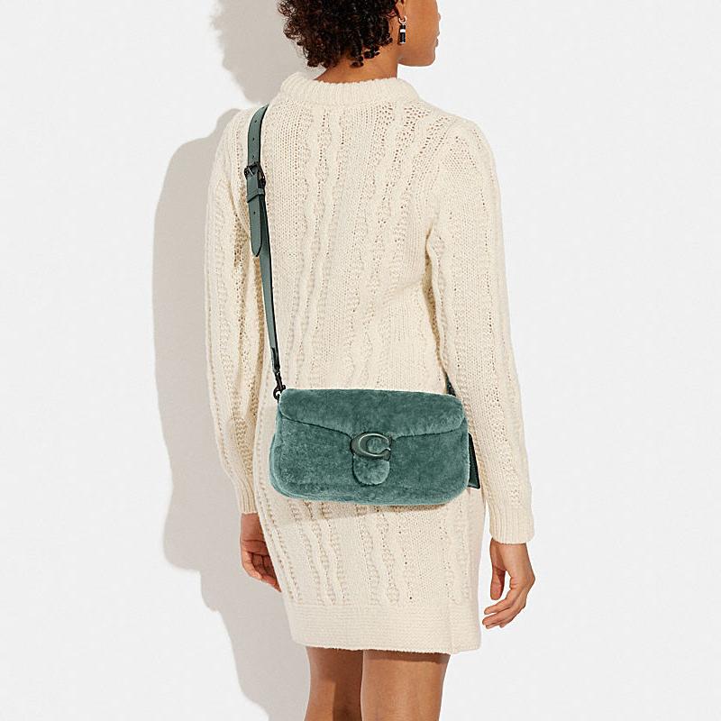 COACH Pillow 26 buckle flap closure shearling crossbody shoulder bag women's green