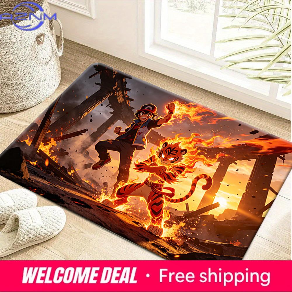 Ash Ketchum and Fire Tiger Pokemon Print Non-Slip Doormat Soft Floor Mat 40x60cm