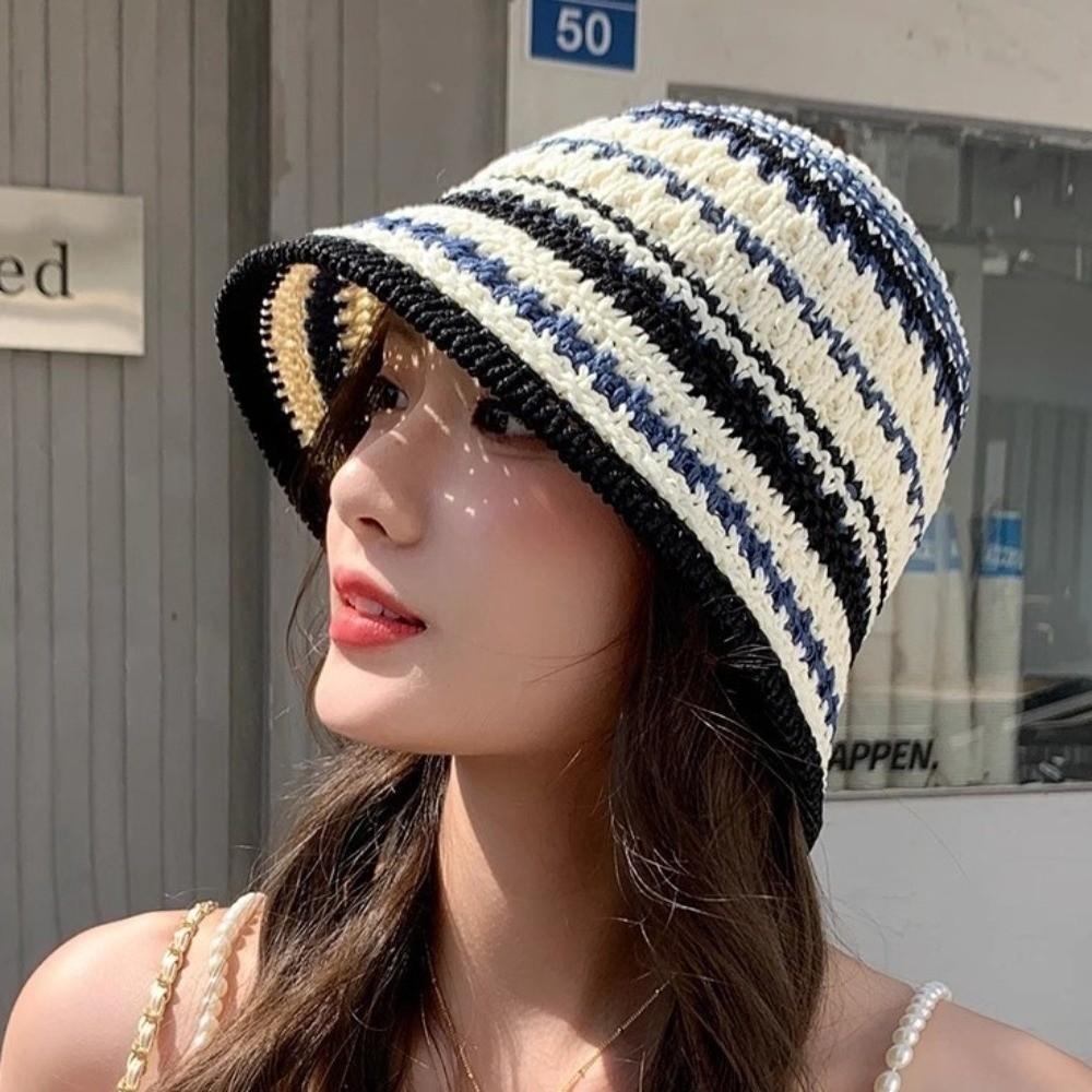 Stripe Knitted Bucket Hat Temperament Sun Protection Cap Fashion Fisherman Hat  Women