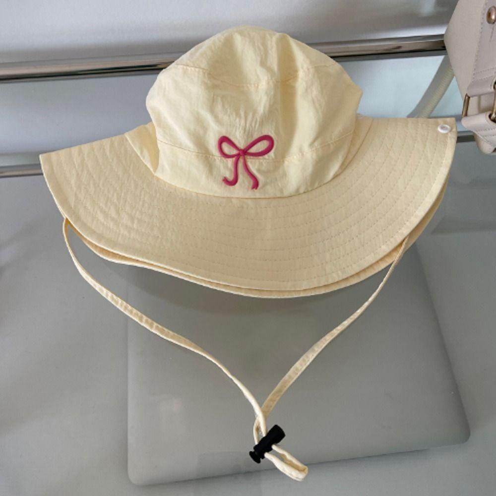 New Cute Pink Bow Strap Bucket Hats for Women 2025 Summer Outdoor Camping Sunscreen Quick Drying Breathable Fishing Caps