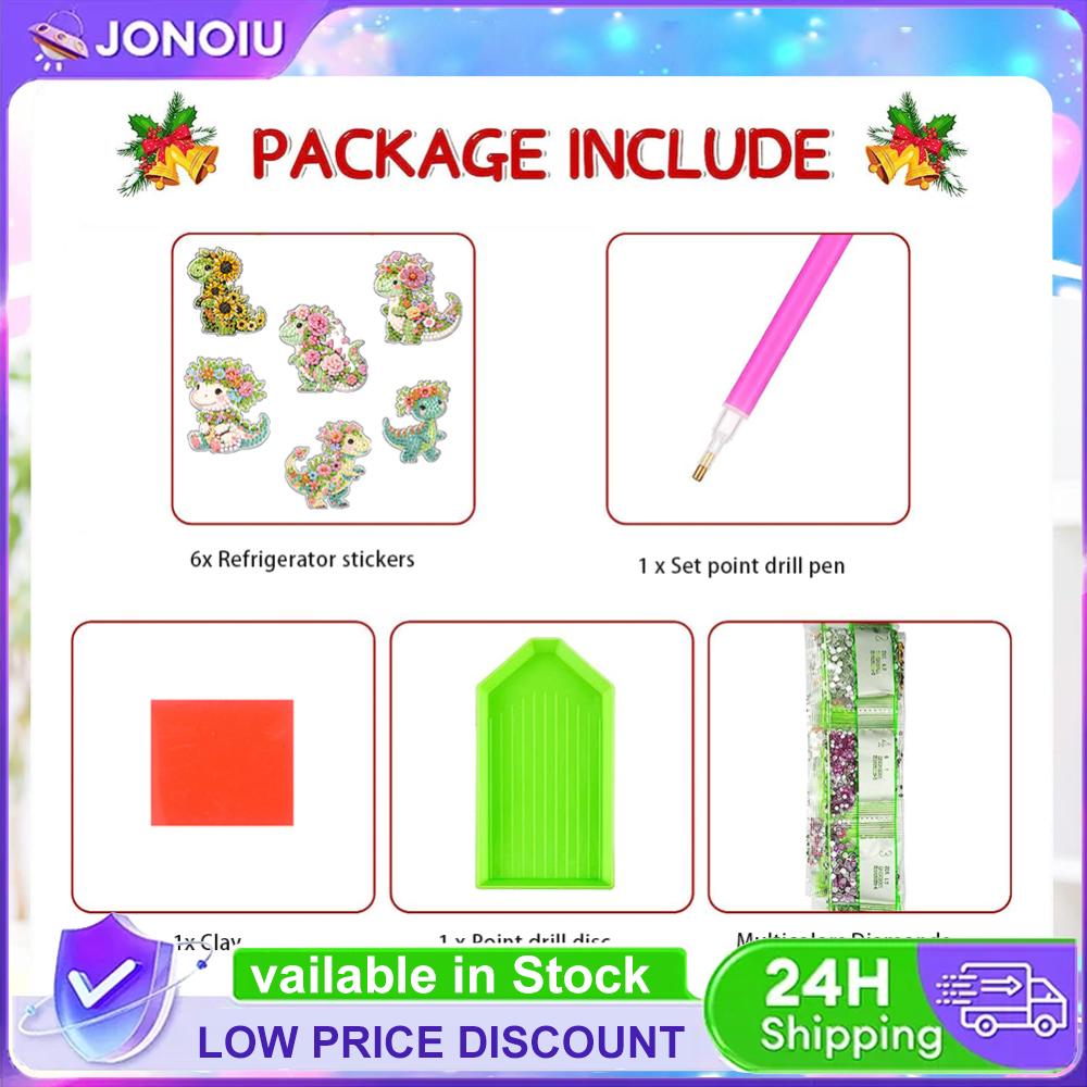 6Pcs Acrylic Special Shape Floral Dinosaur Fridge Stickers Diamond Painting Refrigerator Magnet Diamond Painting Fridge Magnet