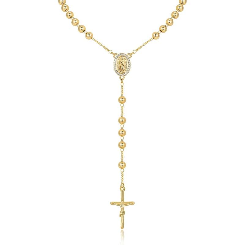 14 Karat Vergoldete Jungfrau Maria Halsketten für Frauen Männer, Anlaufgeschützter Edelstahl Goldene Katholische Rosenkranzperlen Kreuz Y Halskette beige
