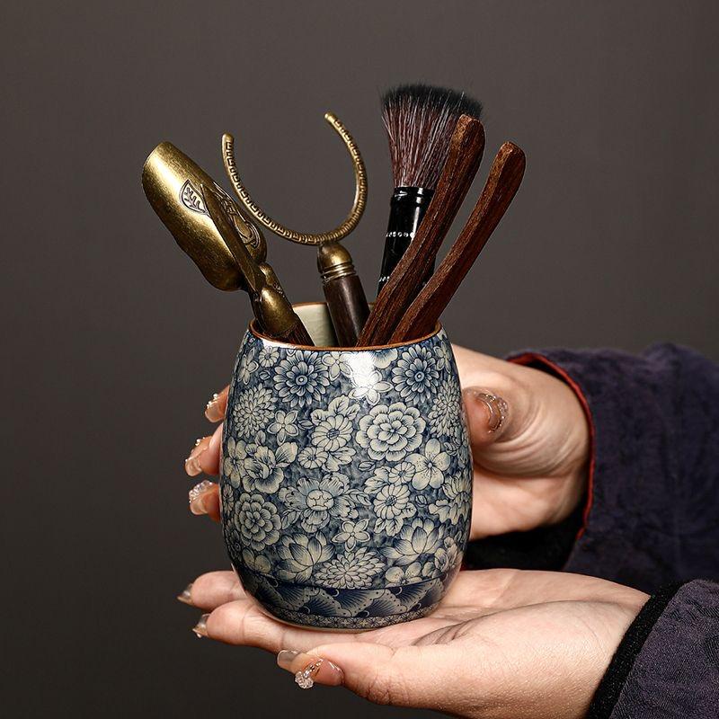 Vintage Blue and White Ceramic Tea Ceremony Six Gentlemen Tea Clip Brush Organizer Tea Accessories Set Accessories