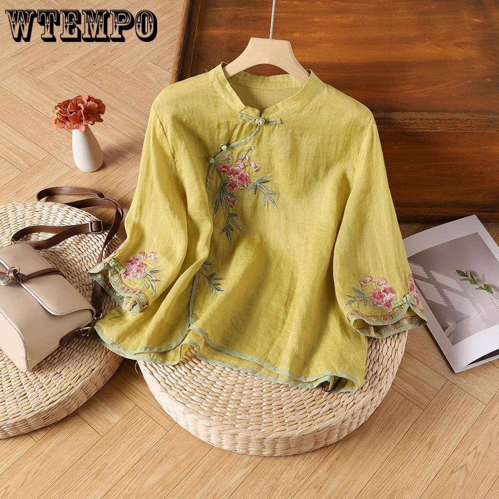 Summer Women's Loose Embroidery Shirt Artistic Ethnic Style Retro Seven Quarter Sleeved Shirt Top