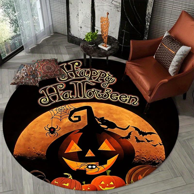 1pc Soft, Absorbent & Non-Slip Scary Pumpkin Round Rug, Perfect for Entryway, Living Room, Bedroom Decor, Machine Washable Flannel Memory Fo
