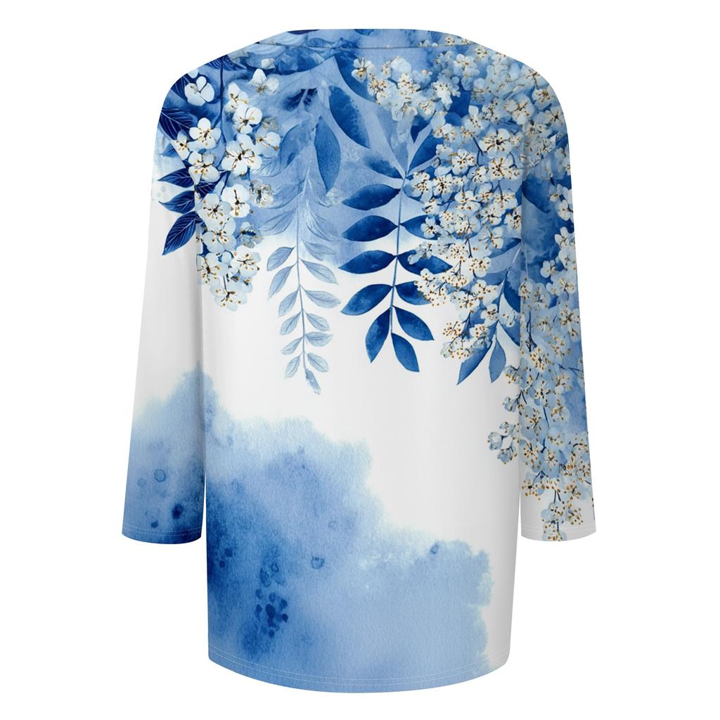 Women's V-Neck Three-Quarter Sleeve Small Floral Print Blouse - Loose Fit Casual Top for Summer
