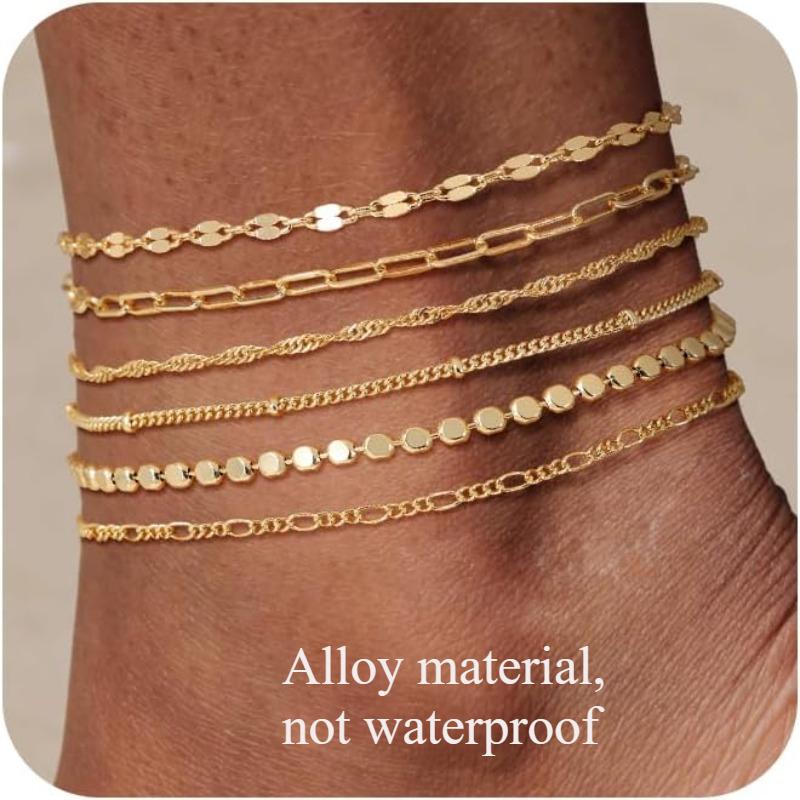Waterproof Ankle Bracelets for Women Girls, 14K Gold Plated STAINLESS STEE/Alloy 6PCS Anklets Set Dainty Summer Beach Jewelry