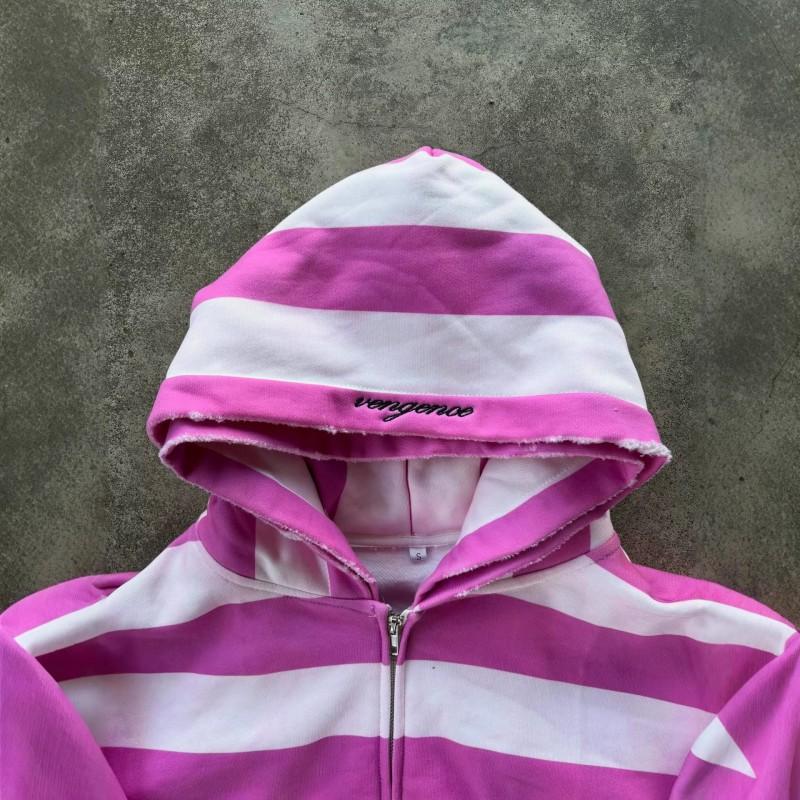 Street Style Embroidered Letter Hooded Zip-Up Long Sleeve Sweatshirt Striped Fake Two-Piece Oversized Pullover Women