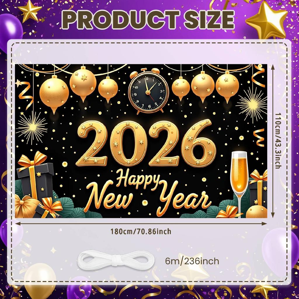 Holiday Banner Shiny Stars Festive Celebration Banner Holiday Event Display Black Background Year 2026 Display For Family Party