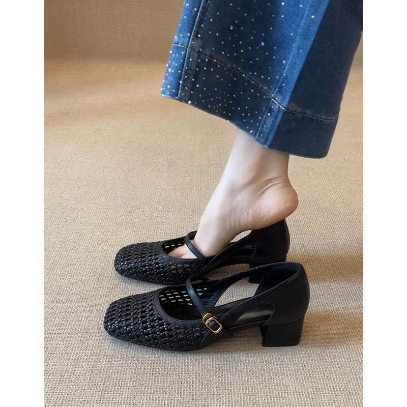 Retro hollow knitting word with Mary Jane shoes women's single shoes temperament thick heel bag head sandals