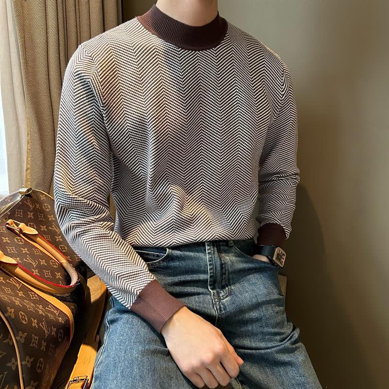 British Color-Block Slim-Fit Herringbone Knitwear, Japanese Style Warm Round-Neck Men s Sweater, Trendy and Mature. M