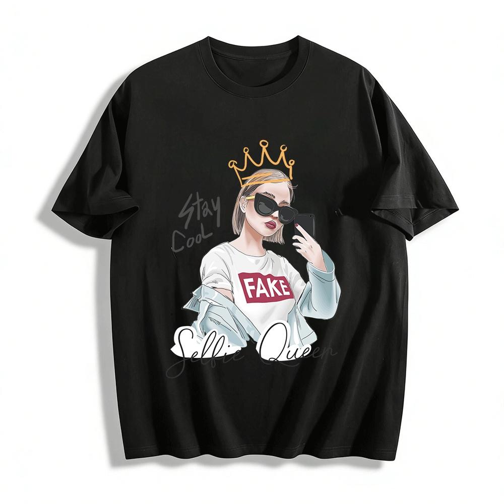 

Selfie Queen Graphic Tee Stay Cool Fake Print Casual Layered Top Pure cotton T-shirt XXS