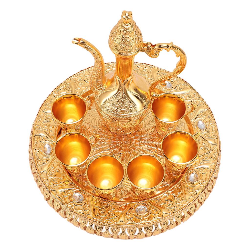 Vintage Wine Pot Set European Retro Coffee Pot Tray Kit Decorative Zinc Alloy Exquisite Carving Wine Cups for Home Party Dinner