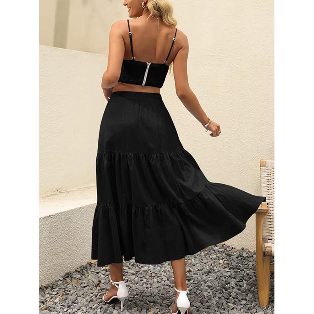 Women’s Summer Boho Flowy Swing Tiered A-Line Maxi Skirt 2025 Fashion Trendy Elastic Waist Pleated Long Beach Dress