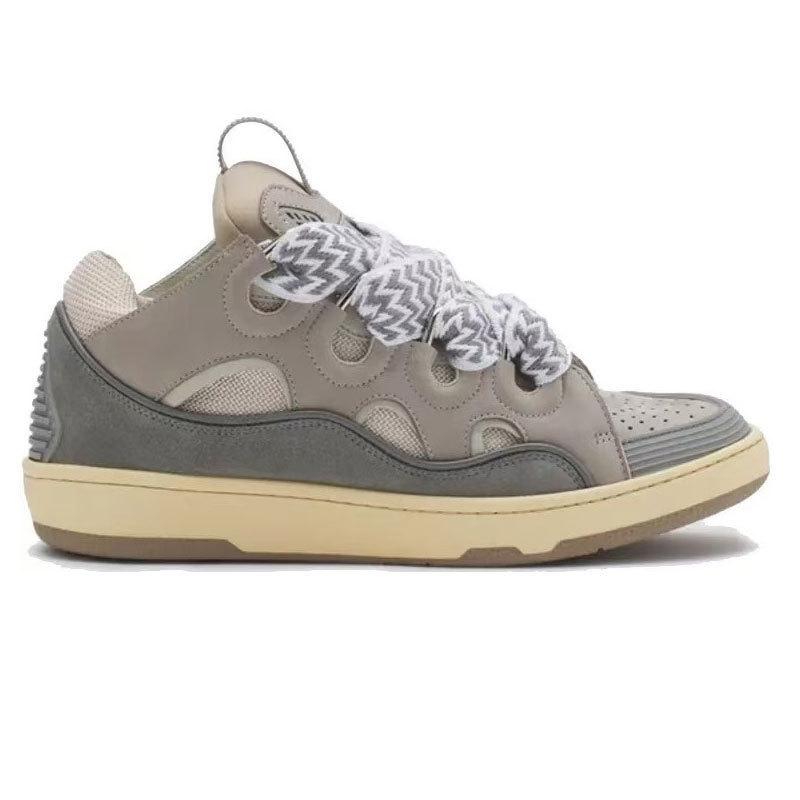 Langfan Men's and Women's Leather Splicing Lace-up CURB Sports and Leisure Shoes Retro Board Shoes New Shoes
