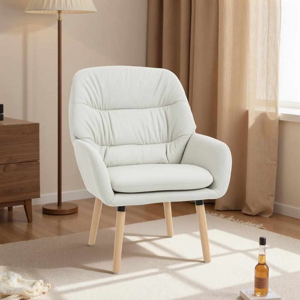 Living Room Armchair, Double Padded, Faux Leather, Wooden Legs, 68 x 74 x 89 cm, Cream