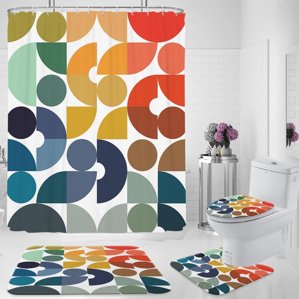 Colourful Rainbow Cube Shower Curtain Set And Bath Rugs Set Vibrant Pattern Bathroom Shower Curtains Set For Bathroom Home Decor