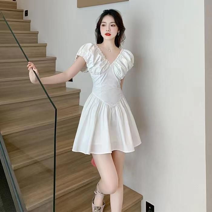 Black French Pleated V-neck Backless Dress Women's Summer Niche Design Waist Pure Pleated Skirt