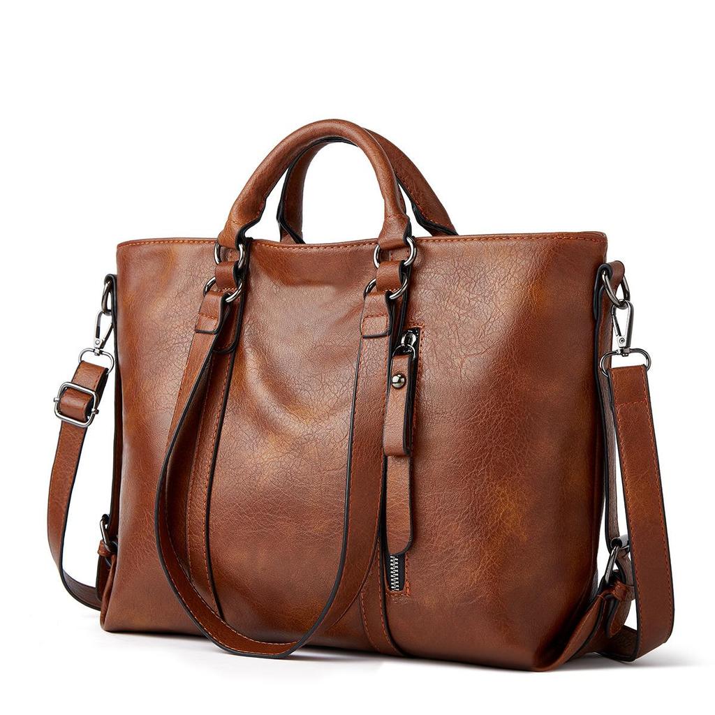2024 Autumn Large-Capacity Retro Waxed Leather Shoulder & Crossbody Tote Bag for Women