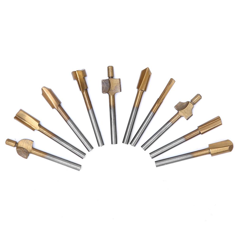 

10Pcs Milling Cutter High Speed Steel Gold Titanium Plating Router Bits Woodworking Tool