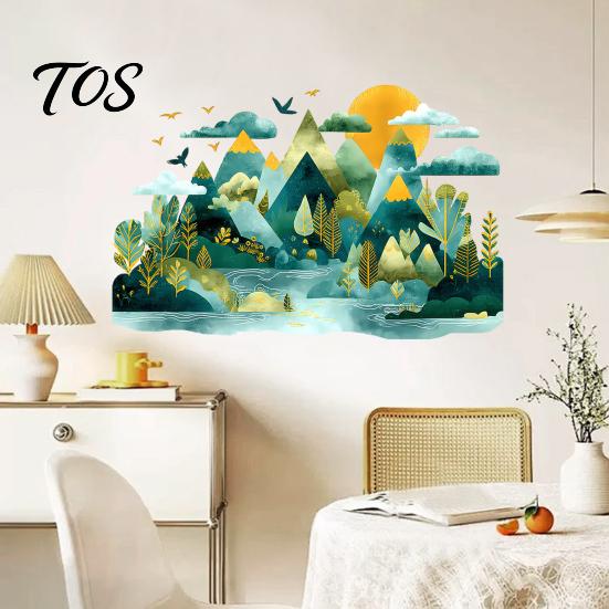 Easy Installation Wall Graphics 2Pcs Watercolor Mountain Sticker, Peel And Stick Landscape Decal, PVC Waterproof Scenery Boho Stickers Mural,