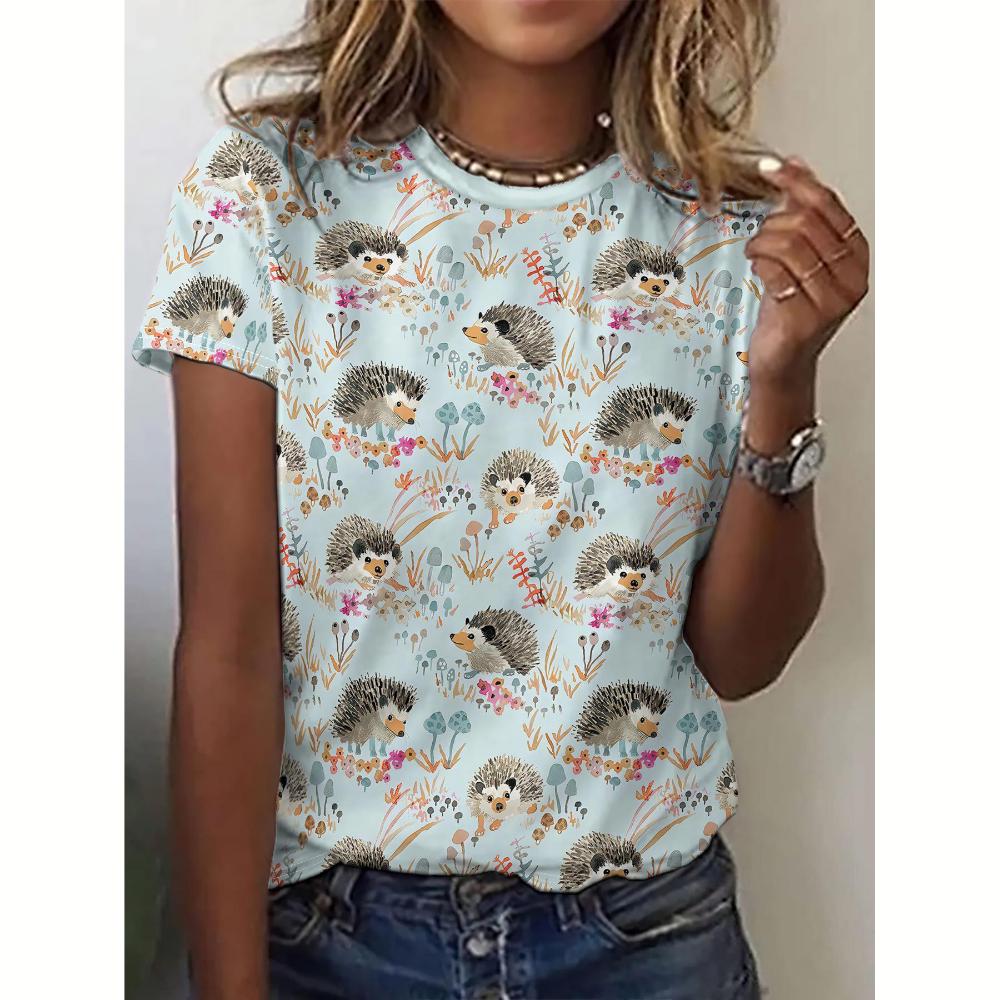 Maglietta estiva da donna con stampa di riccio animale, casual, girocollo, manica corta, pullover, per tutti i giorni, all'aperto, abbigliamento oversize da donna