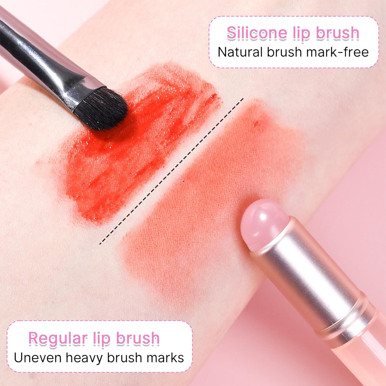 Lip Brush for Lipstick,2 PCS Silicone Lip Brushes,Lip Makeup Applicator Beauty Tool with Lid(Pink)
