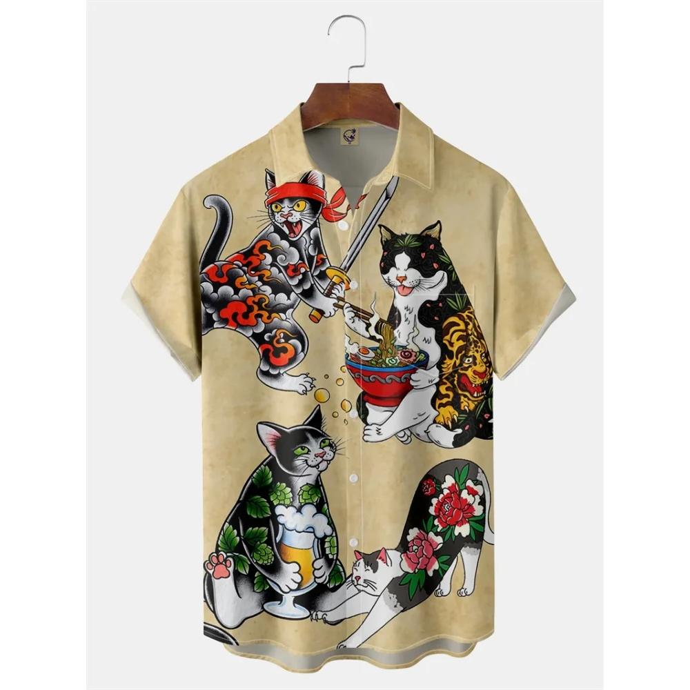 Men s Japanese Ukiyoe Wave Print Short Sleeve Hawaiian Shirt S