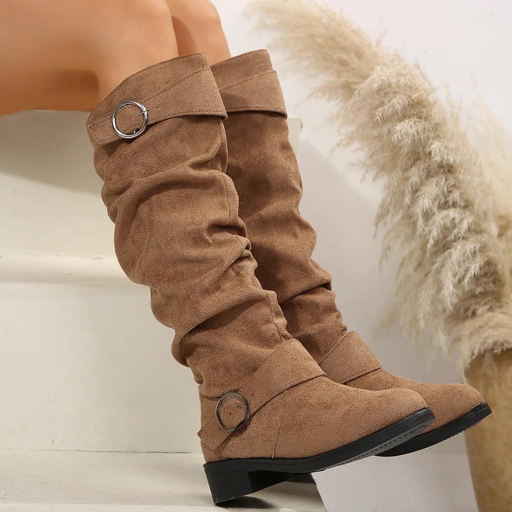 Western Style Pleated Flat Bottom Booties Women's Autumn Winter Thick Heel Long Boots Leather Belt Buckle Cotton Lined Ankle Boo