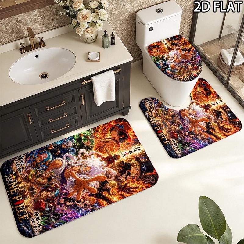 Luffy Anime Pattern 3Pcs Bathroom Rug Set, Non Slip Absorbent Bath Mat, Contour Mat & Toilet Lid Cover, Bathroom Decor