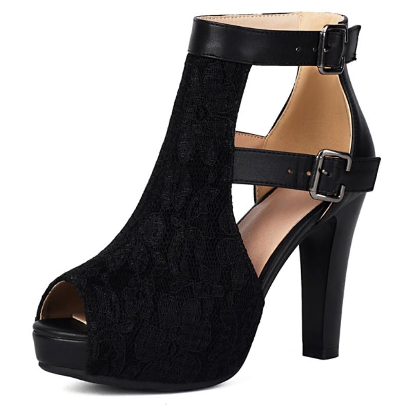 

Женские босоножки с открытым носком Летняя обувь 2025 Пряжка Вырезы Черное кружево Высокий каблук Гладиаторы Вечеринка Танцевальная обувь Большой размер 39 чёрный