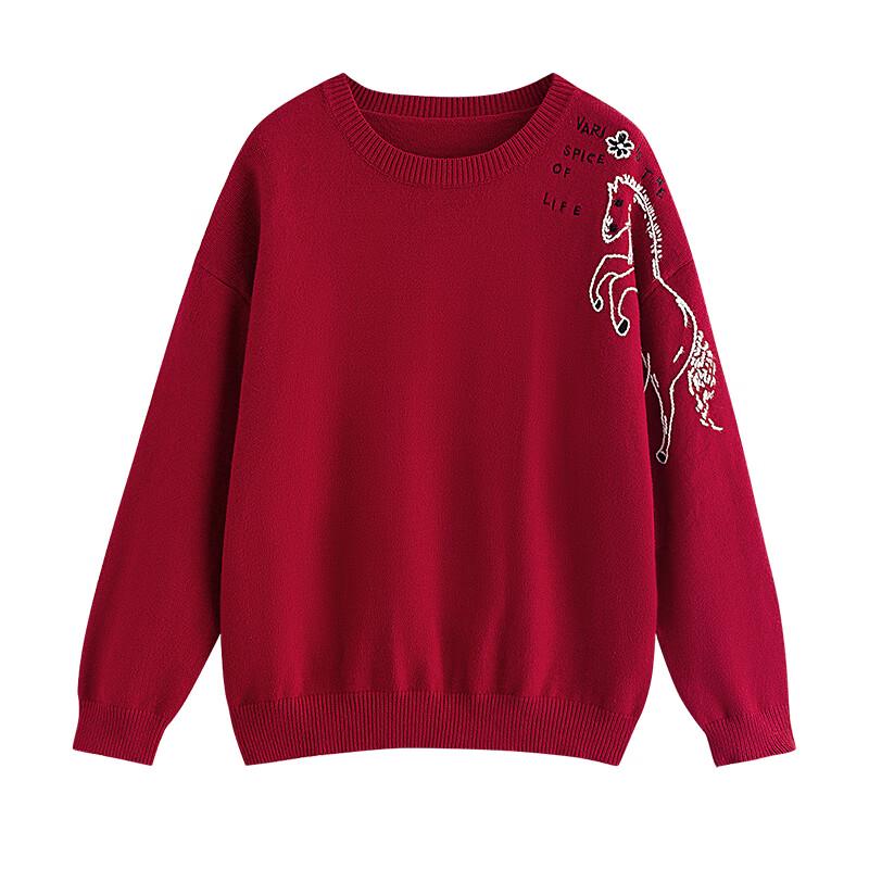 Chuyu Women's New Year Red Horse Embroidery Round Neck Sweater